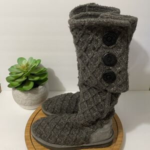 UGG Cardy Lattice Knee High Boots Knit Fold Over Gray Button 3066 Women's‎ 8M